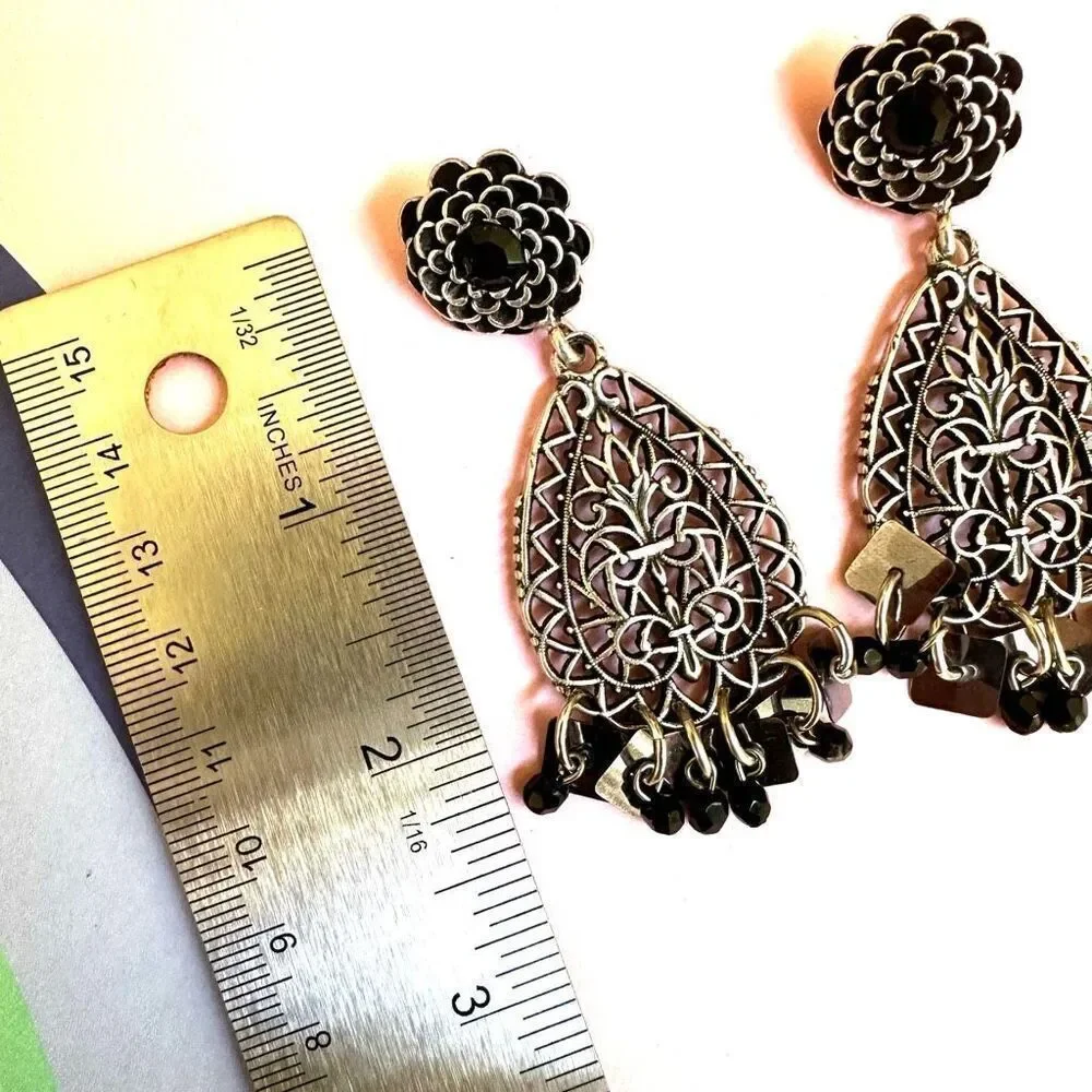 Chico’s   silver tone teardrop  black  drop earrings